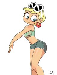  1girls 2019 alternate_hairstyle anonymouse applying_sunscreen blush cleavage earrings eyebrows_visible_through_hair glistening glistening_body hand_on_arm leni_loud nickelodeon pinup ponytail shorts signature slender solo solo_female solo_focus sports_bra standing sunglasses sunglasses_on_head the_loud_house thighs white_background 