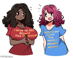  2girls ass_bigger_than_head big_breasts dark-skinned_female dark_skin enormous_breasts female female_only fig_(murgoten) flat_chest hi_res huge_breasts light-skinned_female light_skin looking_at_viewer melona_(murgoten) mob_face murgoten original original_character t-shirt tagme text_on_shirt true_flat_chest 