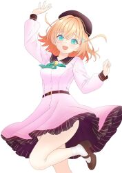  :d ankle_socks aqua_eyes arm_up beret blush breasts brown_footwear brown_hat clothes_lift collared_dress commentary_request contrast_collar crossed_bangs dream_believers dress dress_lift female foot_out_of_frame frilled_dress frills green_ribbons hair_ornament hand_up hat highres hinoshita_kaho kara_iroha leg_up link!_like!_love_live! long_sleeves looking_at_viewer love_live! mary_janes medium_breasts medium_hair neck_ribbon official_alternate_costume open_mouth orange_hair pink_dress pinstripe_dress pinstripe_pattern pinstripe_ribbon rabbit_hair_ornament ribbon rounded_collar shoes short_dress simple_background smile socks solo teeth two_side_up upper_teeth_only virtual_youtuber white_background white_socks wind wind_lift 