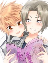  2boys :d akaixx alt_text blue_eyes blush book character_print cheek_press clenched_teeth commentary_request drooling grey_hair hair_between_eyes heads_together heart heart-shaped_pupils highres holding holding_book jacket kazamatsuri_institute_high_school_uniform konohana_lucia male_focus mouth_drool multiple_boys oerba_yun_fang open_book open_mouth orange_eyes orange_hair parted_bangs partially_translated pervert pornography reading rewrite school_uniform senri_akane short_hair smile spiked_hair sweatdrop symbol-shaped_pupils teeth tennouji_kotarou translation_request tsurime twitter_username upper_body v-shaped_eyebrows white_jacket yoshino_haruhiko 