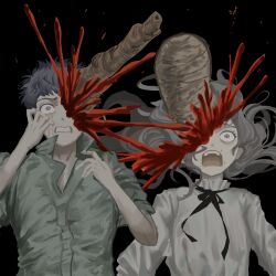  1boy black_background black_hair black_ribbon blood brown_eyes brown_hair chira_fh clenched_teeth cocoon_(fear_&amp;_hunger) fear_&amp;_hunger_(series) fear_&amp;_hunger_2:_termina female frilled_shirt_collar frills green_jumpsuit hands_up highres jumpsuit levi_(fear_&amp;_hunger) long_hair marina_(fear_&amp;_hunger) monsterification mouth_piercing neck_ribbon open_mouth ribbon shirt short_hair short_sleeves side-by-side simple_background teeth upper_body upper_teeth_only weeping_scope_(fear_&amp;_hunger) white_shirt 