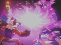  4:3 anthro blue_body braixen brown_body canid canine christmas christmas_tree clothing colored_fire delphox elemental_manipulation explosion fire fire_manipulation fireplace fox fur generation_6_pokemon glowing glowing_markings gold_(metal) goo_creature group hi_res holidays holly_(plant) horn jewelry legwear magenta_body magenta_fire male male/male mammal markings neck_tuft necklace neeco_neecoola nintendo pink_body pink_fire plant pokemon pokemon_(species) ruffleztheampharos running scar spikeball_tail spitting_drink stockings suchlambada17 surprised tree tuft 