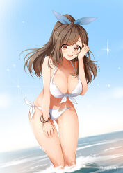  bikini blue_bow bow bracelet breasts brown_eyes brown_hair cleavage commentary_request cowboy_shot day female front-tie_top hairbow hand_on_own_knee hanging_breasts idolmaster idolmaster_shiny_colors jewelry large_breasts leaning_forward long_hair looking_at_viewer lowleg lowleg_bikini macchiato_(jae-min_cho) navel ocean open_mouth outdoors photoshop_(medium) revision side-tie_bikini_bottom skindentation solo standing strap_gap swimsuit thigh_gap tsukioka_kogane wading water wet white_bikini 