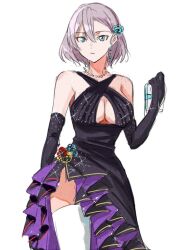  bare_shoulders black_dress blue_eyes breasts cleavage_cutout clothing_cutout dress earrings female gloves gridman_universe hair_ornament jewelry large_breasts looking_at_viewer mujina pocket risyo short_hair simple_background sleeveless sleeveless_dress solo ssss.dynazenon thighhighs thighs white_background 