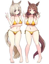  2girls akizuki_shigure alternate_costume animal_ears bikini blush breasts cleavage closed_mouth commentary_request double_w ear_ornament gold_bikini grey_hair hair_ornament hairclip half_up_braid happy_meek_(umamusume) highres horse_ears horse_girl horse_tail jewelry large_breasts light_hello_(umamusume) medium_hair multiple_girls navel necklace pink_eyes side-tie_bikini_bottom simple_background smile stomach swimsuit tail umamusume v w white_background 