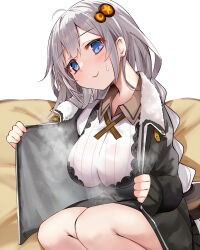  black_dress black_jacket blue_eyes blush breasts closed_mouth collared_shirt commentary_request cross_tie dress efe feet_out_of_frame female grey_hair hair_ornament head_tilt highres jacket kizuna_akari long_hair long_sleeves looking_at_viewer medium_breasts open_clothes open_jacket shirt smile solo steaming_body sweatdrop very_long_hair voiceroid white_shirt 