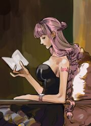  arm_tattoo black_dress blunt_bangs book commentary dress drill_hair female hair_bun holding holding_book long_hair one_piece perona pink_hair raine_(acke2445) reading sitting solo strapless strapless_dress tattoo watch wristwatch 