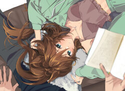  1boy alternate_costume animal_ears black_pants blurry blurry_foreground book breasts brown_hair brown_shirt camisole couch crop_top female green_eyes green_jacket holding holding_book horse_ears jacket jewelry lap_pillow long_hair looking_at_viewer loungewear midriff mr._c.b._(umamusume) necklace open_clothes open_jacket pants parted_lips pillow pov ring ring_necklace shirt sitting small_breasts taromarun trainer_(umamusume) umamusume 