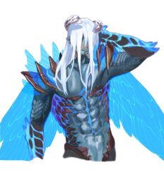  1boy abs alternate_form arm_behind_head arm_up blue_skin blue_wings chinese_commentary colored_skin commentary_request cropped_torso demon demon_boy devil_may_cry_(series) devil_may_cry_5 feathered_wings hair_over_eyes horns long_hair male_focus navel nero_(devil_may_cry) nobou_(32306136) nude pectorals pointy_ears sharp_teeth shoulder_spikes simple_background solo spikes teeth white_background white_hair wings 