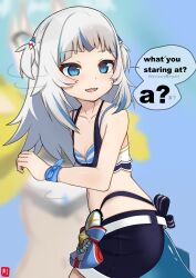  a_(phrase) absurdres belt bikini bikini_under_shorts blue_eyes blue_hair blue_shorts blurry blurry_background breasts english_text female fins fish_tail gawr_gura grey_hair hair_ornament hatsune_miku highres hololive hololive_english johnny_(braun-kan_cafe) long_hair multicolored_hair navel shark_girl shark_hair_ornament shark_tail sharp_teeth shorts small_breasts speech_bubble striped_bikini striped_clothes swimsuit tail teeth virtual_youtuber vocaloid white_belt wristband 