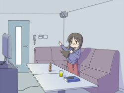  black_hair book casual commentary_request controller dancing female glass glasses karaoke long_hair microphone minakami_mai music nichijou open_mouth remote_control singing solo tomboo 