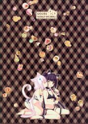  2girls absurdres animal_ears back_cover barefoot black_hair blue_nails blush bra cake cat_ears cat_tail chocola_(nekopara) closed_eyes collar cover food hair_ribbon highres ice_cream long_hair multiple_girls nail_polish nekopara non-web_source one_eye_closed panties photoshop_(medium) pink_hair red_nails ribbon sayori_(neko_works) sitting tail underwear underwear_only vanilla_(nekopara) yuri 