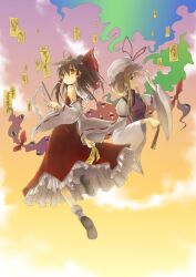  2girls bad_id bad_pixiv_id blonde_hair brown_hair detached_sleeves dress folded_fan folding_fan fred04142 gap_(touhou) gohei hair_ornament hakurei_reimu hand_fan hat mary_janes multiple_girls ofuda red_dress ribbon shoes touhou yakumo_yukari yellow_eyes 