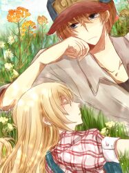  1boy baseball_cap blonde_hair blue_eyes blush bokujou_monogatari brown_hair claire_(bokujou_monogatari) closed_eyes commentary couple female flower grass gray_(bokujou_monogatari) hat long_hair open_mouth outdoors ruirui69 sleeping straight 