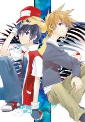  2boys kuronomine multiple_boys ookido_green pikachu poke_ball pokemon red_(pokemon) sitting 