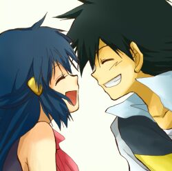  1boy ^_^ black_hair blue_hair closed_eyes commentary_request dawn_(pokemon) female from_side grin hair_ornament long_hair no_headwear open_mouth pokemon pokemon_(anime) raku_(rairaku345) satoshi_(pokemon) short_hair smile 