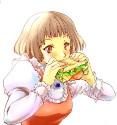  absurdres breasts brown_eyes brown_hair eating female female food frilled_shirt frills gundam highres long_sleeves sandwich shirt short_hair simple_background sochie_heim solo turn_a_gundam unpoco 