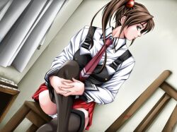  bible_black bottom_touching_surface brown_hair chair female game_cg hair_bobbles hair_ornament imari_kurumi kurumi_imari legs_crossed necktie panties pantyshot ponytail school_uniform sei_shoujo side_ponytail sitting skirt solo thighhighs tie twintails underwear white_panties 