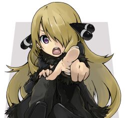  blonde_hair commentary_request cynthia_(pokemon) female hair_ornament hair_over_one_eye long_hair makusu open_mouth pointing pokemon pokemon_dppt purple_eyes sitting solo 