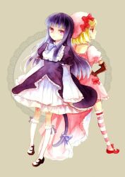  2girls back-to-back bad_id bad_pixiv_id beret blonde_hair blue_hair bow bowtie cat_tail dress elbow_gloves faux_traditional_media frederica_bernkastel frills gloves graphite_(medium) hand_on_own_hip hat kneehighs lambdadelta long_hair mary_janes multiple_girls norino_moto painting_(medium) pink_hat purple_eyes red_eyes ribbon shoes short_hair socks striped_clothes striped_thighhighs tail tail_ornament tail_ribbon thighhighs traditional_media umineko_no_naku_koro_ni watercolor_(medium) 