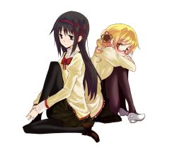  2girls akemi_homura back-to-back bespectacled black_hair black_legwear blonde_hair bow commentary_request drill_hair glasses hair_ornament hair_ribbon hugging_own_legs jewelry long_hair looking_back mahou_shoujo_madoka_magica mahou_shoujo_madoka_magica_(anime) mitakihara_school_uniform multiple_girls myama pantyhose purple_eyes red-framed_eyewear ribbon ring school_uniform shoes simple_background sitting skirt smile tomoe_mami twin_drills twintails yellow_eyes 