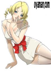  arm_support bare_shoulders blonde_hair blue_eyes blush bow breasts catherine catherine_(game) cleavage commentary_request dress drill_hair female finger_to_mouth large_breasts lipstick lowres makeup off_shoulder oyaman photoshop_(medium) ribbon short_hair solo strap_slip thighhighs twin_drills twintails waist_bow 