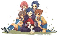  5boys ball blue_eyes blue_hair bracelet brown_eyes brown_hair cloak commentary_request copyright_name crossed_arms inazuma_eleven_(series) inazuma_eleven_go jewelry kirino_ranmaru male_focus maro_(nikeneko523) matsukaze_tenma multiple_boys open_mouth pink_hair raimon raimon_soccer_uniform shindou_takuto shoes sitting sneakers soccer_ball soccer_uniform socks spiked_bracelet spikes sportswear telstar tsurugi_kyousuke tsurugi_yuuichi twintails yellow_eyes 