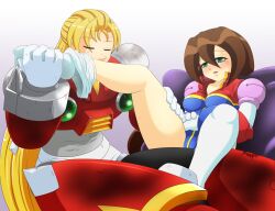  1boy android bad_anatomy bad_id bad_pixiv_id blonde_hair brown_hair capcom commentary_request damaged female hyoumaru iris_(mega_man) leg_worship long_hair mega_man_(series) mega_man_x_(series) open_mouth photoshop_(medium) robot thighhighs zero_(mega_man) 