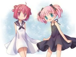  2girls ahoge akaza_akari arms_behind_back blue_eyes blush bow commentary double_bun dress hair_bun hairbow multiple_girls open_mouth pink_hair red_eyes red_hair silveroid sleeveless sleeveless_dress smile twintails yoshikawa_chinatsu yuru_yuri 