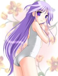  1boy :3 ass blush crossdressing crossdressing happiness happiness! long_hair looking_back male_focus neopure one-piece_swimsuit purple_eyes purple_hair solo swimsuit trap watarase_jun 