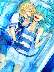  2girls aqua_hair bacchus_kaito bare_shoulders blonde_hair closed_eyes commentary_request hair_ornament hair_ribbon hairclip hatsune_miku holding_hands interlocked_fingers kagamine_rin long_hair lying multiple_girls nail_polish on_back on_side open_mouth ribbon sailor_collar short_hair shorts skirt smile twintails very_long_hair vocaloid water 