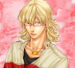  1boy bad_id bad_pixiv_id barnaby_brooks_jr. blonde_hair glasses green_eyes jacket jewelry k-996 lowres male_focus necklace red_jacket solo tiger_&amp;_bunny 