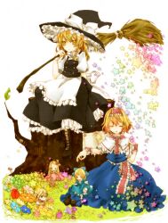  2girls alice_margatroid apron bad_id bad_pixiv_id blonde_hair blush book boots braid broom capelet closed_eyes doll dress flower hairband hat highres kirisame_marisa koura_higure long_hair multiple_girls short_hair sitting skirt star_(symbol) touhou witch_hat yellow_eyes 