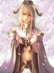  armor bad_id bad_pixiv_id bare_shoulders blonde_hair blue_eyes cherry_blossoms crown detached_sleeves diao_chan female head_tilt lips long_hair matsura_ichirou navel outstretched_arms petals romance_of_the_three_kingdoms solo tree 