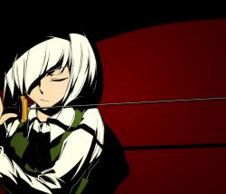  bad_id bad_pixiv_id closed_eyes ex_hien female grey_hair hair_over_one_eye katana konpaku_youmu neck_ribbon photoshop_(medium) ribbon shadow short_hair simple_background solo sword touhou weapon 