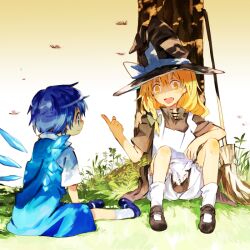  2girls blonde_hair bloomers blue_eyes bow braid broom bug cirno commentary_request dragonfly dress hairbow hat hat_bow ice ice_wings kirisame_marisa long_hair multiple_girls ogawa_maiko open_mouth profile short_hair short_sleeves sitting socks touhou tree underwear white_legwear wings witch_hat yellow_eyes 