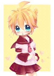  1boy bad_id bad_pixiv_id blonde_hair blue_eyes blush crossdressing kagamine_len male_focus necktie otoko_no_ko pink_necktie polka_dot short_hair skirt solo touyama_soboro vocaloid 