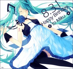  aqua_hair bad_id bad_pixiv_id closed_eyes dress female fen_renlei flower happy_birthday hatsune_miku headphones long_hair rose smile solo thighhighs twintails very_long_hair vocaloid 