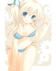  bad_id bad_pixiv_id bikini blonde_hair blue_bikini blue_eyes boku_wa_tomodachi_ga_sukunai bug butterfly butterfly_hair_ornament female hair_ornament halterneck izumiyuhina kashiwazaki_sena leaning_forward long_hair painttool_sai_(medium) side-tie_bikini_bottom side_ponytail solo strap_lift string_bikini swimsuit tan tanlines thigh_gap 