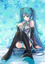  aqua_eyes aqua_hair boots commentary detached_sleeves female hand_on_own_chest hatsune_miku jianren long_hair necktie panties pantyshot reflection sitting skirt solo striped_clothes striped_panties thigh_boots thighhighs twintails underwear very_long_hair vocaloid 