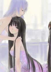  2girls bare_shoulders black_eyes black_hair closed_eyes commentary_request houraisan_kaguya long_hair masuchi multiple_girls touhou white_hair yagokoro_eirin 