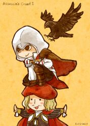  2boys assassin&#039;s_creed_(series) assassin&#039;s_creed_ii bird blonde_hair cape commentary_request eagle ened ezio_auditore_da_firenze gloves hat leonardo_da_vinci long_hair male_focus multiple_boys photoshop_(medium) smile 