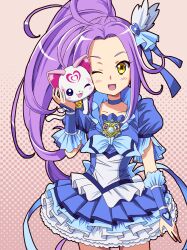  bad_id bad_pixiv_id blue_choker blue_skirt brooch choker commentary_request cure_beat eyelashes female heart homing_(areya) hummy_(suite_precure) jewelry kurokawa_eren long_hair magical_girl one_eye_closed precure purple_hair seiren_(suite_precure) side_ponytail skirt smile solo_focus suite_precure yellow_eyes 