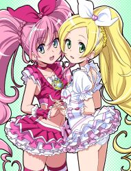  2girls bad_id bad_pixiv_id blonde_hair blue_eyes bow brooch choker commentary_request cure_melody cure_rhythm green_eyes heart holding_hands homing_(areya) houjou_hibiki interlocked_fingers jewelry magical_girl midriff minamino_kanade multiple_girls navel panties pink_bow pink_choker pink_hair pink_legwear pink_wrist_cuffs ponytail precure suite_precure thighhighs twintails underwear white_choker wrist_cuffs 