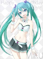  :d bad_id bad_pixiv_id bare_shoulders belt checkered_background collar female green_eyes green_hair happy_birthday hatsune_miku head_tilt highres long_hair midriff miniskirt navel open_mouth photoshop_(medium) skirt smile solo twintails v very_long_hair vocaloid wrist_cuffs yahako 