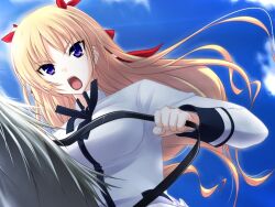  blonde_hair christiane_friedrich female female game_cg girl horse long_hair maji_de_watashi_ni_koi_shinasai! open_mouth outdoors school_uniform sky solo yellow_hair 