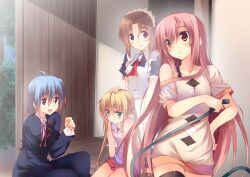  1boy 3girls ayasaki_hayate blonde_hair blue_hair brown_hair butler collarbone commentary_request folded_ponytail hayate_no_gotoku! hose katsura_hinagiku kuwashima_rein long_hair maid maria_(hayate_no_gotoku!) multiple_girls photoshop_(medium) pink_hair sanzen&#039;in_nagi short_hair twintails 