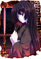  black_hair burnt commentary_request female fire flower grey_kimono hair_between_eyes hime_cut holding holding_flower japanese_clothes kimono leaf long_hair looking_away obi open_mouth original pale_skin photoshop_(medium) profile red_eyes red_flower sash sidelocks solo spider_lily upper_body very_long_hair wide_sleeves yamabuki_zarame 