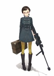  anti-materiel_rifle boots brown_hair commentary_request female full_body glasses green_eyes gun hair_ornament hairclip highres holding holding_gun holding_weapon looking_at_viewer maeda_risou original pantyhose pigeon-toed red-framed_eyewear rifle shadow short_hair simple_background smile sniper_rifle solo standing suitcase uniform weapon white_background yellow_eyes yellow_pantyhose 