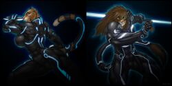  2011 abs anthro armor avoid_posting biceps big_breasts black_background black_clothing blue_eyes breasts brown_hair clothing disc disney felid female glowing green_eyes hair holding_object holding_weapon huge_breasts hybrid identity_disc liger light lion looking_at_viewer male mammal mane mbeya_johari mbeya_tion melee_weapon muscular muscular_female pantherine pecs polearm side_boob simple_background staff strype suit sword tiger tron weapon 